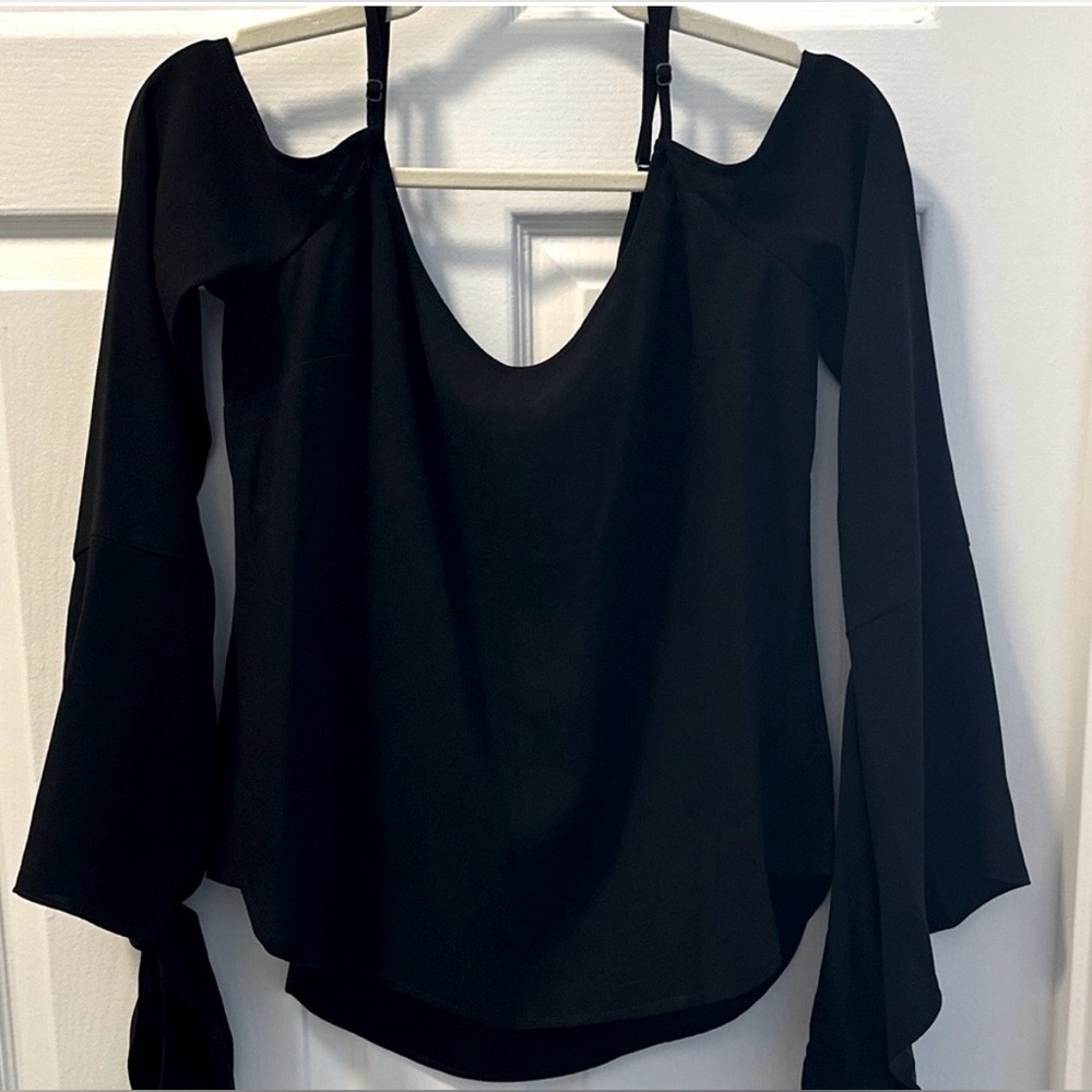 BCBGMAXAZRIA Black Cold Shoulder Draped Blouse | Size S